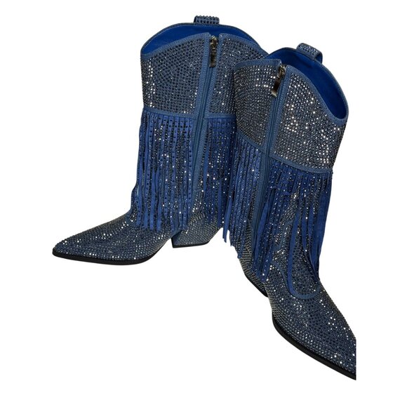 NWT Azalea Wang Rhinestone Fringe Denim Western Boots Blue Cowgirl Glam - Picture 7 of 11